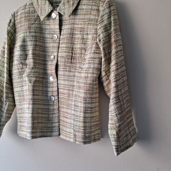 Coldwater Creek Mint Green Brown Tweed Blazer Jacket Pearl Buttons - Size 8 NWT - Picture 5 of 9